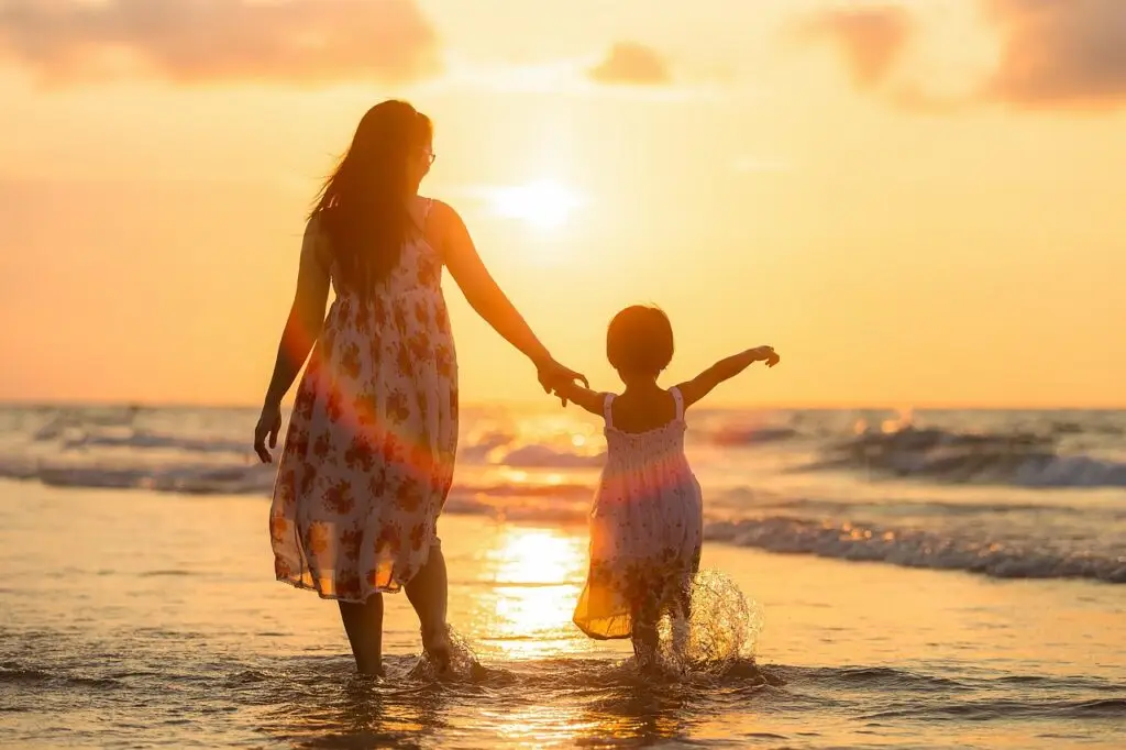 adult, mother, daughter, beach, kids, children, evening, family, nature, girl, happy mothers day, parent, people, sea, thailand, woman, waves, mom, mum, golden light, ocean, sunset